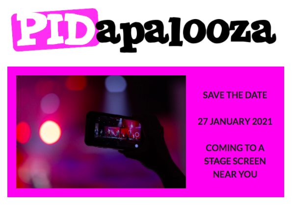 PIDapalooza logo with event date and image of hand holding phone in silhouette