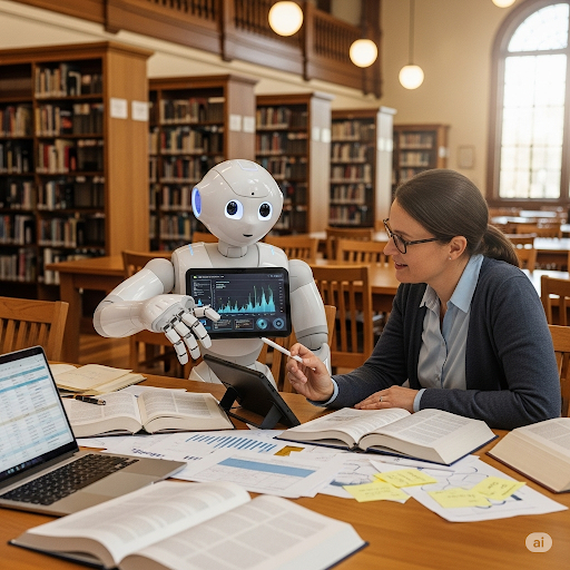A friendly robot and a librarian are sitting at a library table, looking at research data together.