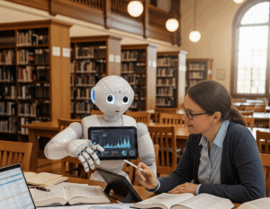 A friendly robot and a librarian are sitting at a library table, looking at research data together.