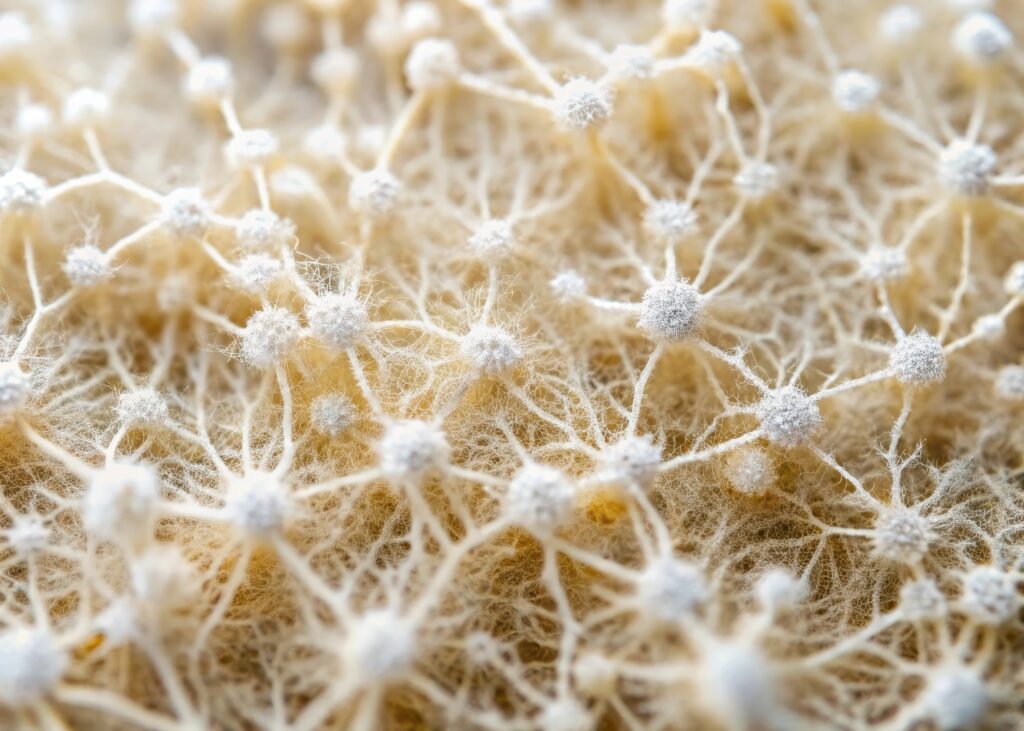Macro photograph of a mycelium network, showing delicate white filaments and small spherical nodes spreading across a beige organic surface.