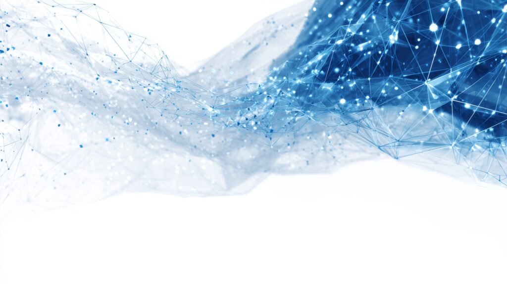Abstract visualization of a digital network made up of blue lines and glowing connection points forming a flowing, wave-like mesh against a white background.
