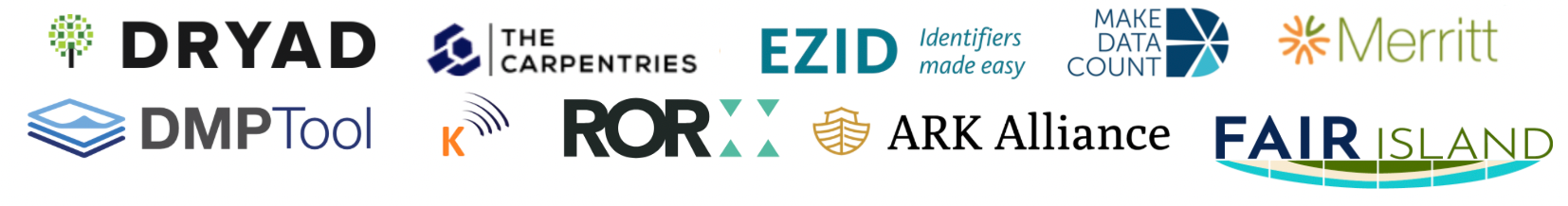 Logos representing UC3’s services and partnerships, including Dryad, The Carpentries, EZID, Make Data Count, Merritt, DMPTool, The Keepers Registry, ROR, ARK Alliance, and FAIR Island.