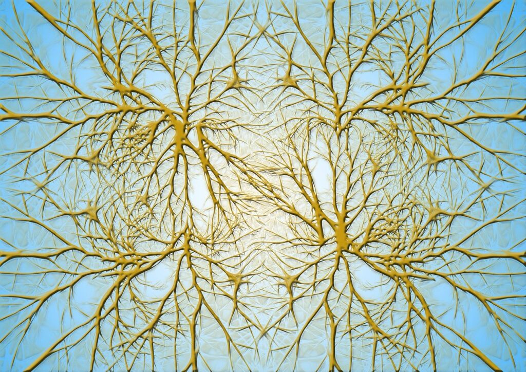 Abstract visualization of golden branching patterns resembling neurons or tree roots against a pale blue background, symbolizing connectivity and communication networks.