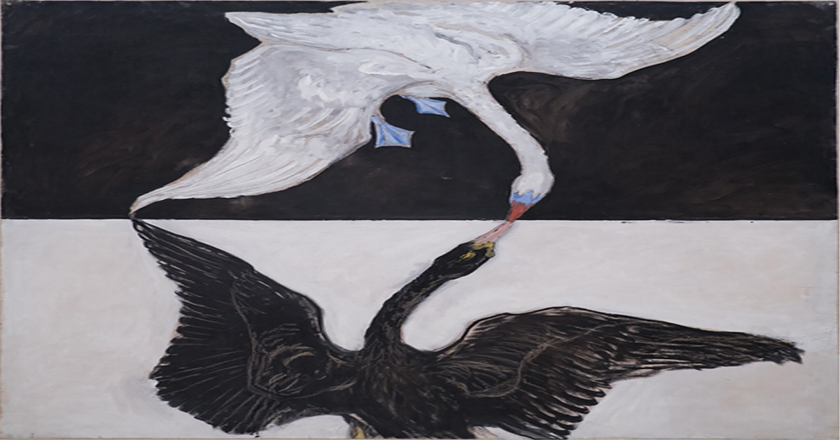 Hilma af Klint, The Swan, No. 1, 1915. A painting depicting a white swan and a black swan mirrored over a horizontal line, meeting beak-to-beak to symbolize duality and the union of opposites.