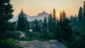 Sunset over a mountain wilderness with evergreen trees, rocky outcroppings, and a small reflective lake in the foreground