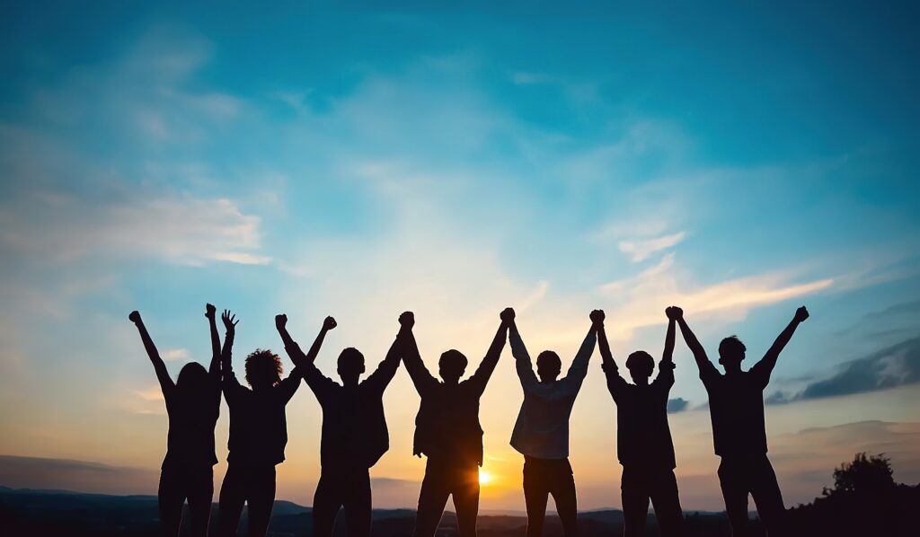 shadows of people with interlocked raised hands standing in front of a sunset backdrop
